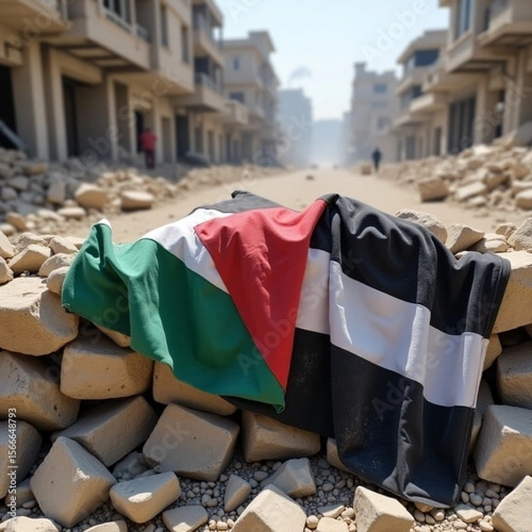 Fototapeta  A Palestinian flag (black, white, green, red) draped over a makeshift barricade of rubble and stones in a conflict zone. The flag is dusty but intact, contrasting with the chaotic surroundings. The b