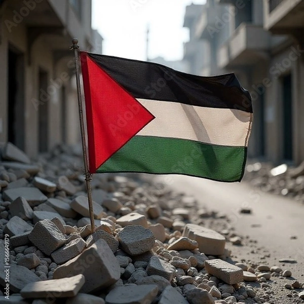 Fototapeta  A Palestinian flag (black, white, green, red) draped over a makeshift barricade of rubble and stones in a conflict zone. The flag is dusty but intact, contrasting with the chaotic surroundings. The b