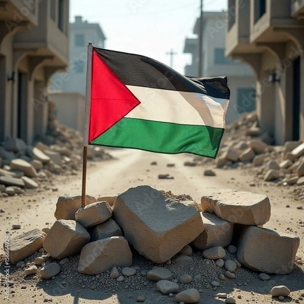 Fototapeta  A Palestinian flag (black, white, green, red) draped over a makeshift barricade of rubble and stones in a conflict zone. The flag is dusty but intact, contrasting with the chaotic surroundings. The b