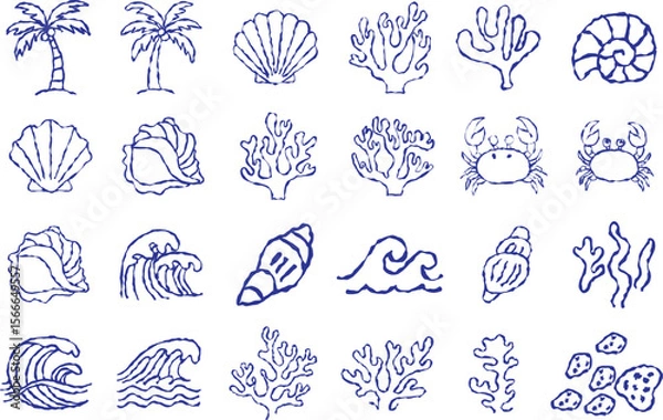 Fototapeta Hand drawn summer vintage icon set. Hand Drawn Beach and Ocean Doodle Icon Set Palm Trees, Seashells, Waves, Coral, Crabs, Seaweed, Nautical Elements, Blue Sketch Style
