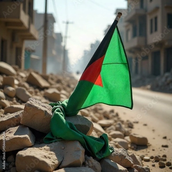 Fototapeta  A Palestinian flag (black, white, green, red) draped over a makeshift barricade of rubble and stones in a conflict zone. The flag is dusty but intact, contrasting with the chaotic surroundings. The b