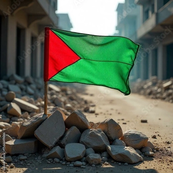Fototapeta  A Palestinian flag (black, white, green, red) draped over a makeshift barricade of rubble and stones in a conflict zone. The flag is dusty but intact, contrasting with the chaotic surroundings. The b