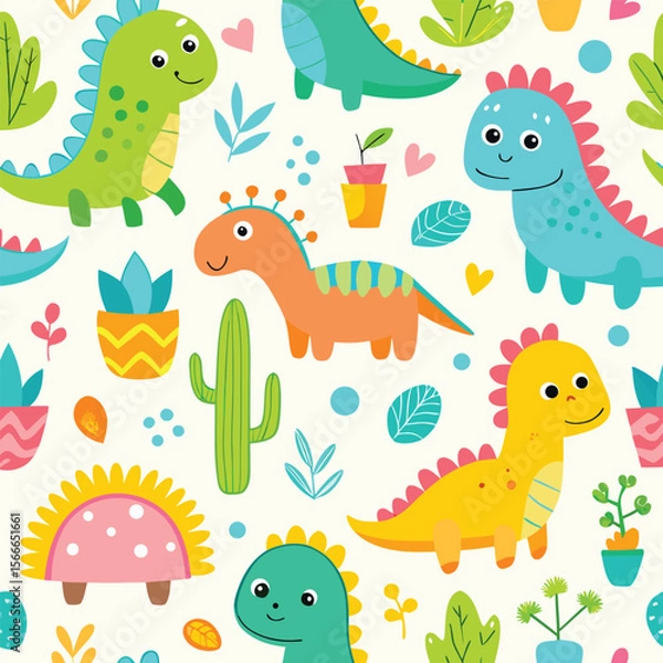 Fototapeta Cute Cartoon Dinosaur Seamless Pattern Design