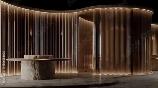 Fototapeta Elegant illuminated architecture with modern stone accents creating a sophisticated interior