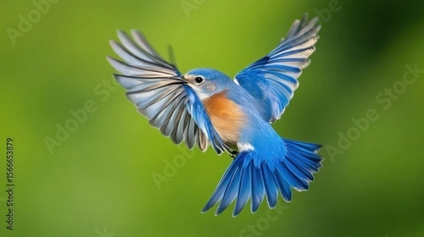 Fototapeta Bluebird in flight, wings spread, against blurred green background, looking at viewer