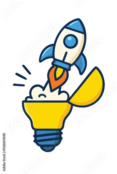 Obraz A whimsical vector illustration of a rocket escaping from a lightbulb as if it were a launchpad. Use a playful, cartoon style with bright colors, isolated on a white background