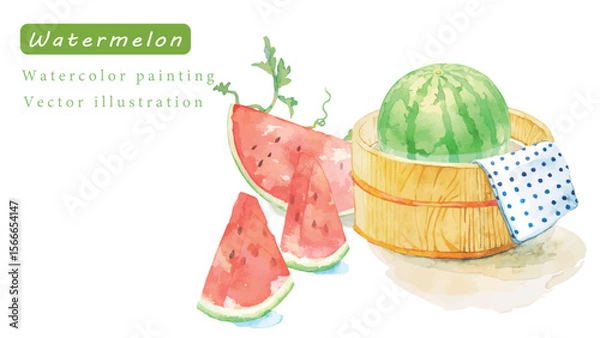 Fototapeta 水彩で描いた爽やかなヒマワリとスイカのベクターイラスト