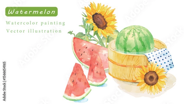 Fototapeta 水彩で描いた爽やかなヒマワリとスイカのベクターイラスト