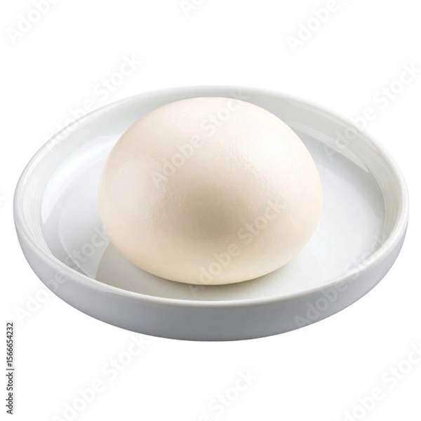 Fototapeta A single smooth, round ball of fresh mozzarella cheese placed on a white ceramic plate.