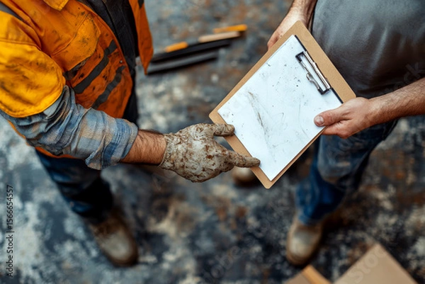 Fototapeta A construction worker in an orange vest points to a blank clipboard held by another person.