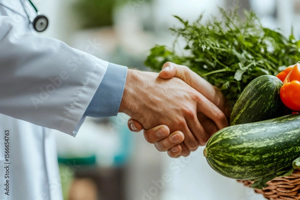Fototapeta A doctor in a white coat and another person are shaking hands near a basket of fresh vegetables. Concept of healthy lifestyle