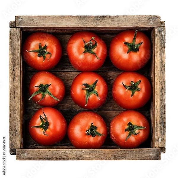 Fototapeta Fresh Red Tomatoes in Wooden Crate, Isolated on White Background, Top View