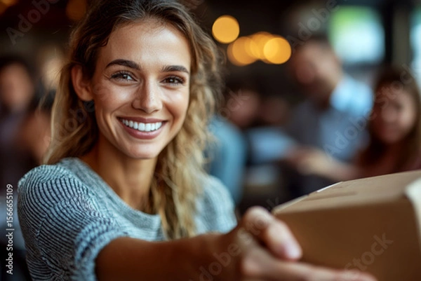 Fototapeta Smiling woman in a cozy setting hands over a gift, with a blurred group of people in the background. Concept of joyful giving and social interaction. For smiling photo.