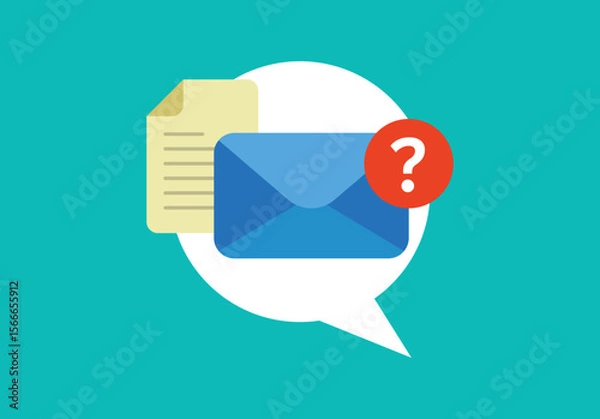 Fototapeta FAQ representation flat illustration with envelope, document page, question mark, and text bubble shape