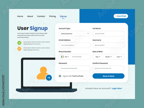 Fototapeta Account signup or registration form design with web header and laptop illustration
