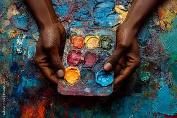 Fototapeta Hands hold a colorful paint palette over a textured and vibrant painted surface. Concept of artistic creativity and color mixing. For art supplies advertisement.