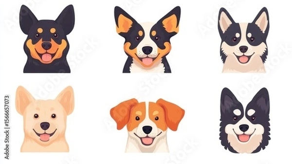 Fototapeta Row of six cartoon dog faces with varying coat colors & ear shapes on white