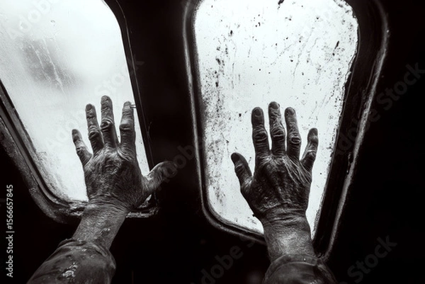 Fototapeta Hands touching a foggy window inside a dimly lit room. Concept of reaching, isolation, and reflection. For depicting emotion and introspection.