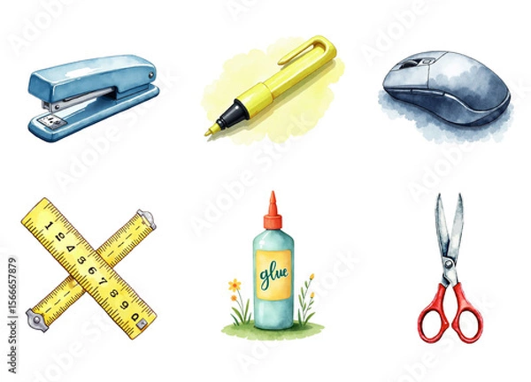 Fototapeta Watercolor stationery items including stapler, pen, mouse, ruler, glue, and scissors
