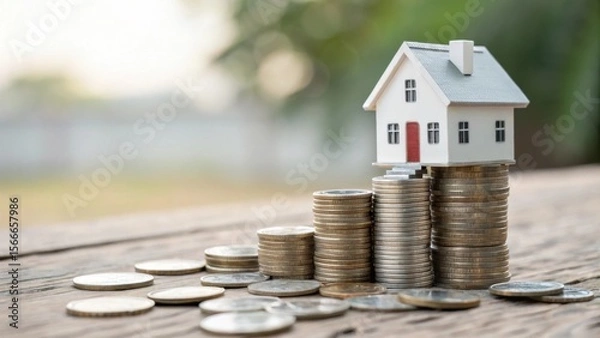 Fototapeta A miniature house model is placed on stacks of coins, symbolizing real estate investment, savings, and financial growth.