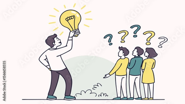 Fototapeta Vector Creative Business Leadership Concept with Man Holding Light Bulb Idea Inspiring Team, Solving Problems, and Providing Innovative Solutions to Uncertainty