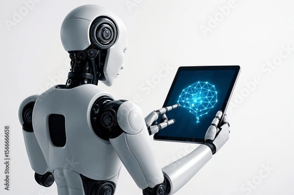 Obraz robot with laptop, 3d render