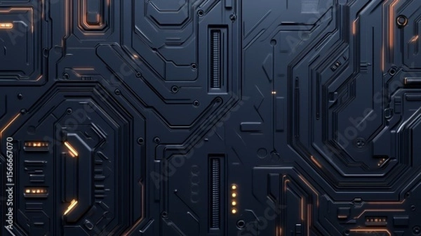 Fototapeta Abstract Dark Panel With Orange Glowing Circuits