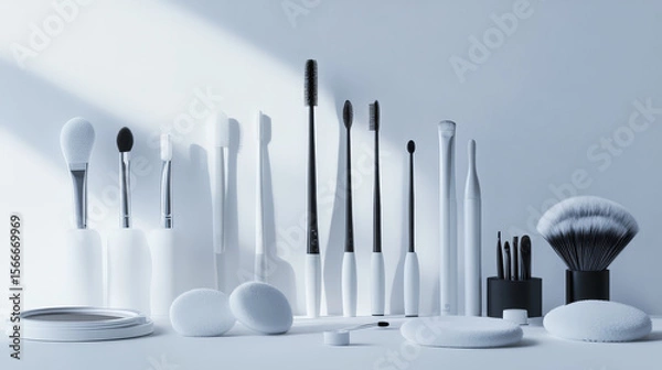 Obraz makeup brush set and makeup products on a white background