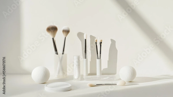 Obraz makeup brush set and makeup products on a white background