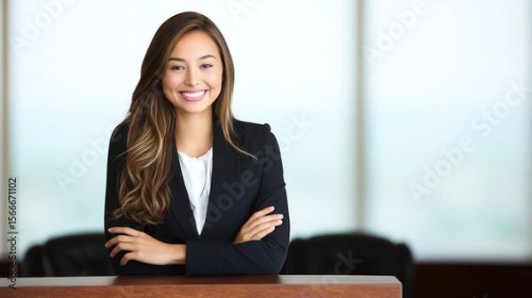 Fototapeta Confident young professional woman in business attire smiling in a bright office setting.
