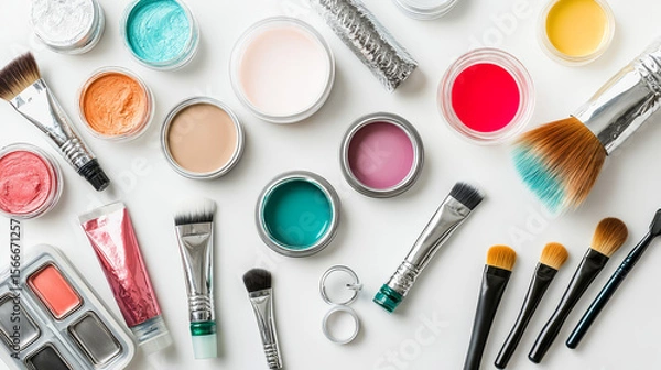 Obraz makeup brush set and makeup products on a white background