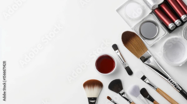Obraz makeup brush set and makeup products on a white background