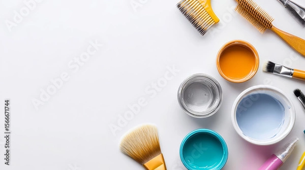 Obraz makeup brush set and makeup products on a white background