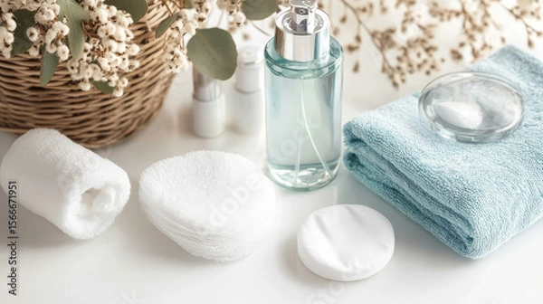 Obraz Towels, makeup remover and skincare products on a white table
