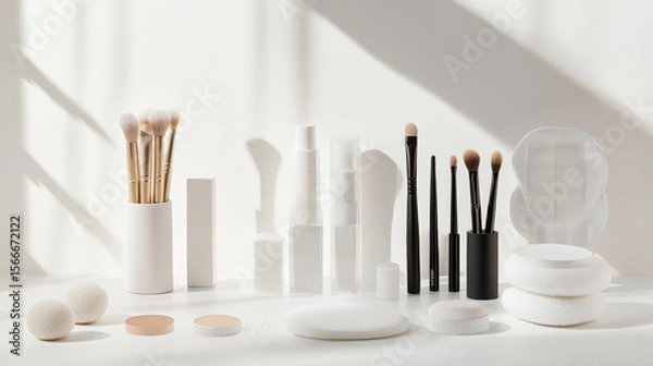 Obraz Towels, makeup remover and skincare products on a white table
