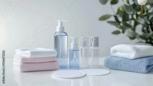 Obraz Towels, makeup remover and skincare products on a white table
