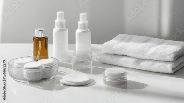 Obraz Towels, makeup remover and skincare products on a white table

