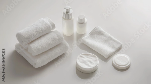 Obraz Towels, makeup remover and skincare products on a white table
