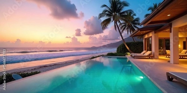 Fototapeta Luxurious Beachfront Villa Escape Private Pool, Ocean Views, Relaxing Getaway
