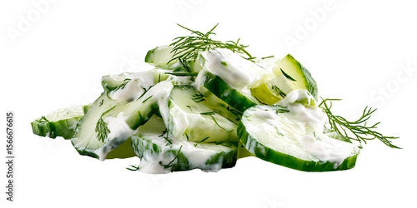 Fototapeta Fresh cucumber salad with creamy yogurt dressing and dill on a black background Healthy vegetarian appetizer or side dish concept for summer
