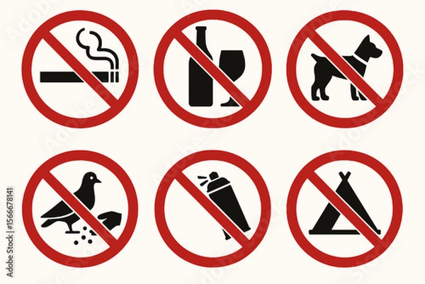 Fototapeta 6 public space prohibition signs. Red circles with black icons on white.