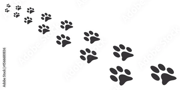 Fototapeta Many simple black animal paw prints are scattered across a plain white background. 