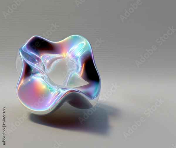 Obraz Futuristic abstract shape with a fluid, design reflects iridescent rainbow hues, set against a gray background. Modern neon, copy space backdrop