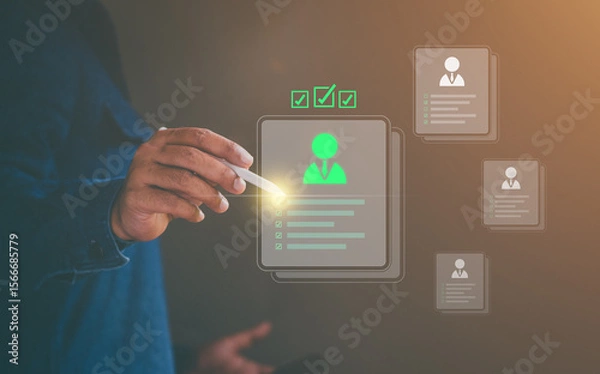 Obraz Recruitment and candidate, HR Human resources Recruitment Team Staff management, finding job, Search for resume register, job interview, find your career, selection interface and digital profiles