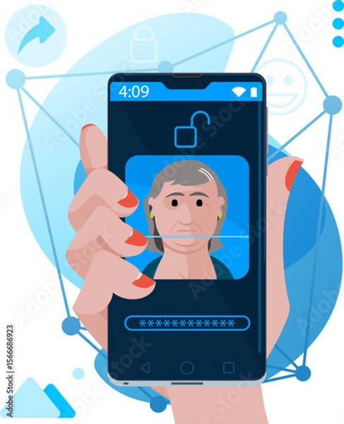 Fototapeta Facial recognition - Face unlock on smartphone with an elderly woman