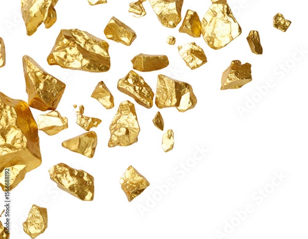 Fototapeta Numerous raw gold nuggets shimmer with brilliant metallic reflections, symbolizing wealth and prosperity.