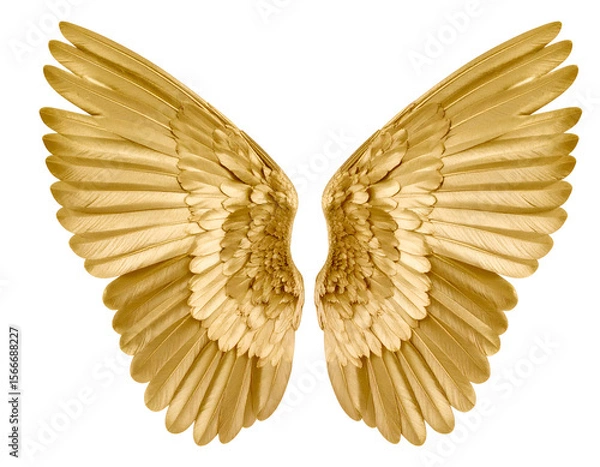 Fototapeta Radiant golden wings with intricate feather details evoke a sense of divine power and ethereal grace.