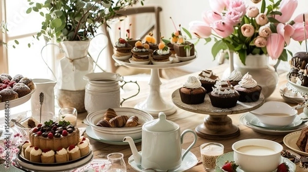 Fototapeta Retro-style Coffee and Dessert Table Arrangement: A Nostalgic Journey Through Vintage Elegance, Timeless Flavors, and Artistic Presentation for Themed Events, Weddings, and Retro-inspired Gatherings