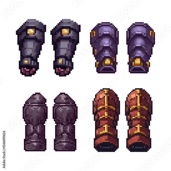 Fototapeta Pixel Art Fantasy Leg Armor Collection, RPG Game Assets. Collection of eight distinct pixel art leg armor pieces.