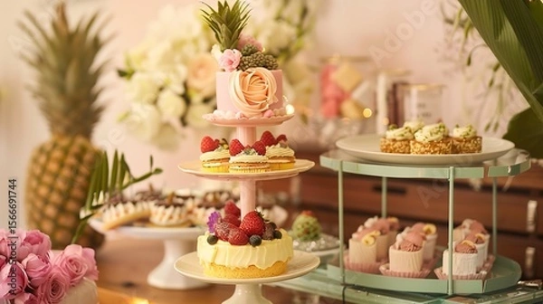 Obraz Retro-style Coffee and Dessert Table Arrangement: A Nostalgic Journey Through Vintage Elegance, Timeless Flavors, and Artistic Presentation for Themed Events, Weddings, and Retro-inspired Gatherings